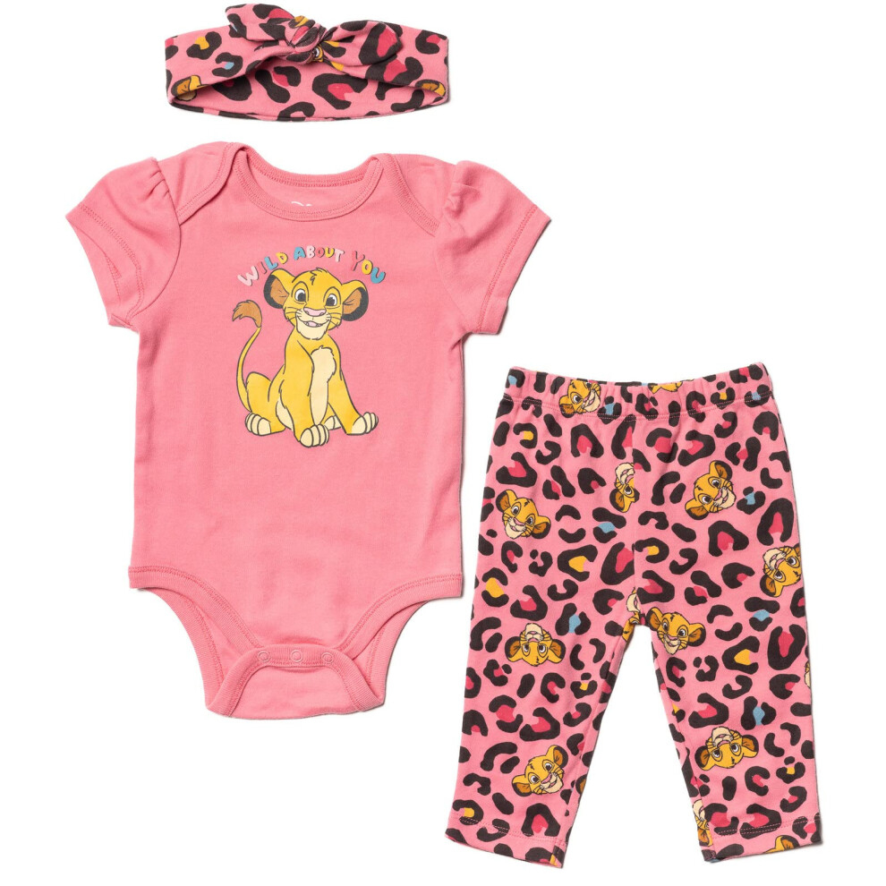 Disney Lion King Simba Infant Baby Girls Bodysuit Pants And Headband 3 Piece Outfit Set Pink 24 Months