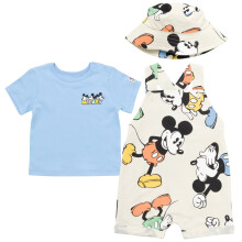 Disney Mickey Mouse Neugeborenes Baby, Jungen, kurzer Overall, T-Shirt und Mtze, 3-teiliges Outfit-Set, Khaki/Blau