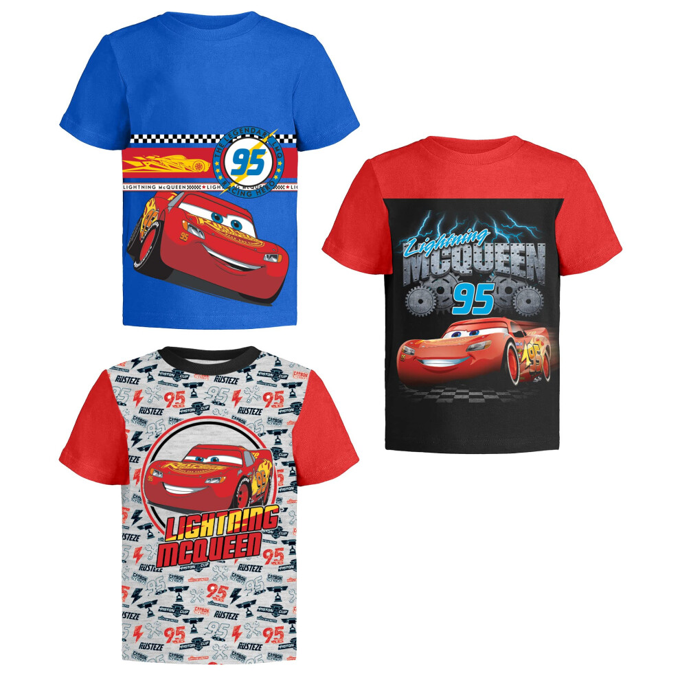 Disney Cars Lightning Mcqueen Pixar Graphic T-Shirts (3 Pack) Outfits Toddlers To Kids 4T B/R/Gy Ss Blue/Red/Grey