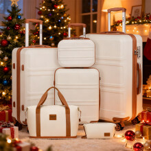 (Cream, 13+20+24+28 inch + 2 Bags) 3 to 6 pieces Travel Set ABS Hard Shell Suitcase And 36L Travel Bag Clutch Bag