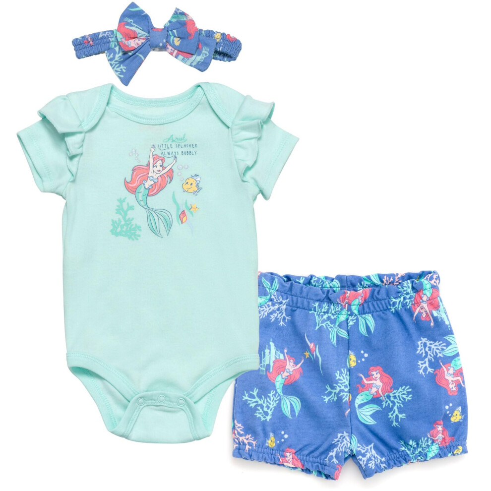 Disney Princess Ariel Newborn Baby Girls Bodysuit French Terry Bubble Shorts And Headband 3 Piece Outfit Set Blue 3-6 Months