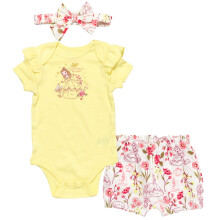 Disney Princess Belle Floral Baby-Mdchen-Bodysuit, French Terry, Bubble-Shorts und Stirnband, 3-teiliges Set, Gelb, 24 Monate