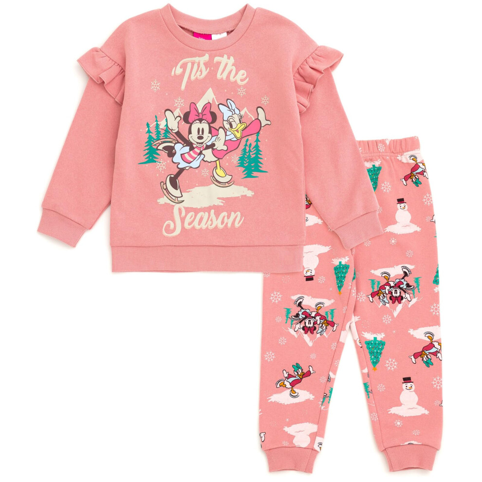 Disney Daisy Duck Minnie Mouse Christmas Toddler Girls Fleece Sweatshirt & Jogger Pants Outfit Set Baby Pink 2T