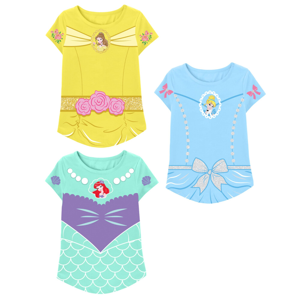 Disney Princess T-Shirts (3-Pack) Girls Short Sleeve Aurora Cinderella Snow Jasmine Rapunzel Ariel Moana Tiana 5T Y/Bu/T Ss White