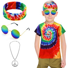 XonyiCos 4 Pezzi Costume Hippie per Bambini Anni '60 e '70 Camicie Colorate Festa di Halloween Cosplay per 4-12 Anni (Colore Arcobaleno L)