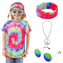 XonyiCos 4 Pezzi Costume Hippie per Bambini Ragazzi Ragazze Anni '60 e '70 Camicie Colorate Festa di Halloween Cosplay per 4-12 Anni (Rosa S)