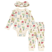 Disney Princess Kleinkinder-Baby-Mdchen-Ripp-Body, Jogginghose, Hose und Stirnband, 3-teiliges Outfit-Set, beige, Prinzessinnen, 12 Monate