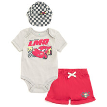 Disney Cars Lightning McQueen Baby-Jungen-Bodysuit, Shorts und Baseballkappe, 3-teiliges Outfit-Set, Rot/Grau, 24 Monate