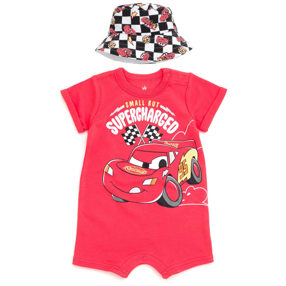 Disney Cars Lightning Mcqueen Newborn Baby Boys Romper And Bucket Sun Hat Lightning Mcqueen Cherry 0-3 Months Red