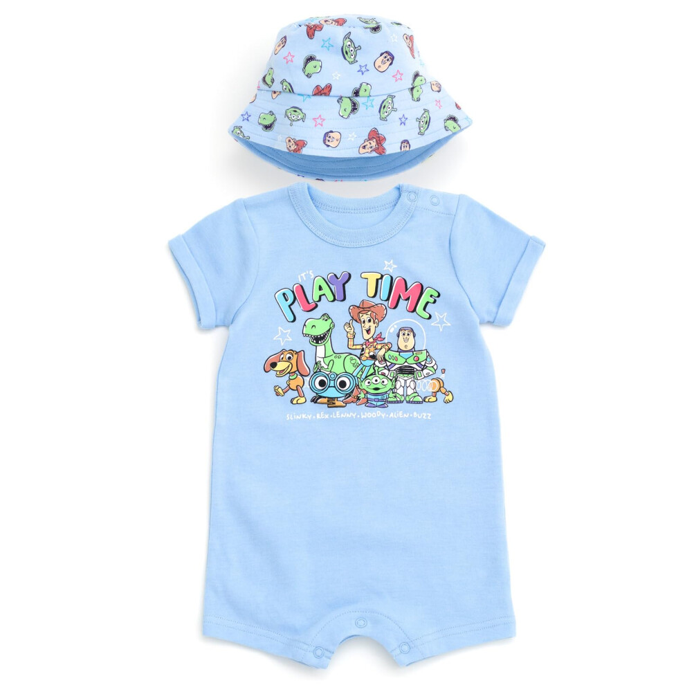 Disney Toy Story Infant Baby Boys Romper And Bucket Sun Hat Toy Story Pastel 24 Months Blue