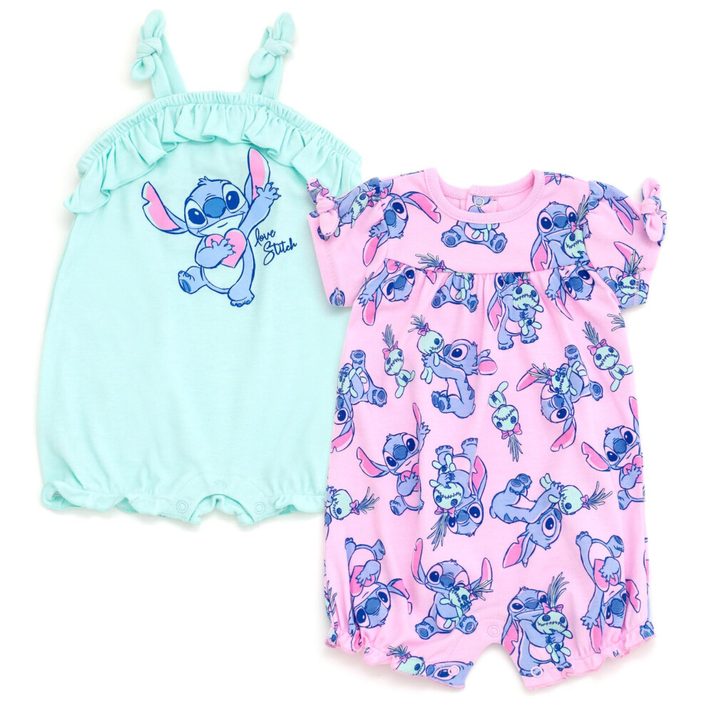 Disney Lilo & Stitch Newborn Baby Girls 2 Pack Rompers 0-3 Months Turquoise/Pink