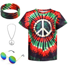 XonyiCos Costume Hippie Anni '70 per Bambini Camicia Colorata Tie Dye Ragazzi Ragazze 4 Pezzi Set di Accessori per Halloween Party Cosplay