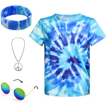 XonyiCos Costume Hippie Anni '70 per Bambini Camicia Colorata Tie Dye Ragazzi Ragazze 4 Pezzi Set di Accessori per Halloween Party Cosplay