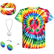 XonyiCos Costume Hippie Anni '70 per Bambini Camicia Colorata Tie Dye Ragazzi Ragazze 4 Pezzi Set di Accessori per Halloween Party Cosplay