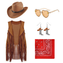 Dwieey Abiti da Cowgirl per Ragazze Bambini 6 Pezzi Accessori per Costumi Western Cappello da Cowboy con Frange Gilet Orecchino per Halloween 5-6