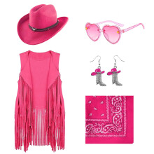 Dwieey Abiti da Cowgirl per Ragazze Bambini 6 Pezzi Accessori per Costumi Occidentali Cappello da Cowboy con Frange Gilet Orecchino per Halloween
