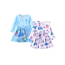 Disney Stitch Toddler Girl Dresses 2 Pack Ombre Blue & Purple Ruffle Long Sleeve Tropical Fruits Print Dress Set Birthday Casual Fall Outfits 3T