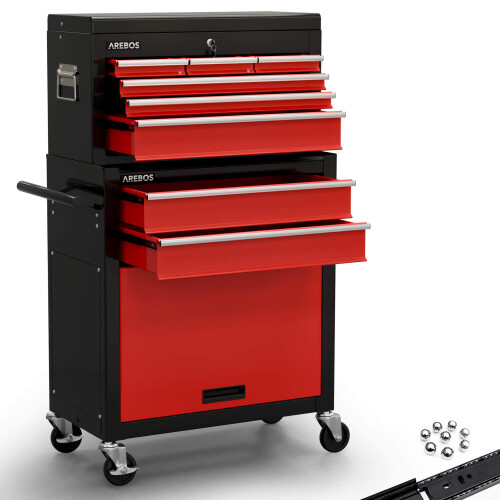 AREBOS AREBOS 9-Drawer Combo Tool Cabinet Garage Tool Chest with Wheels Workshop Tool Storage Lockable Black-Red