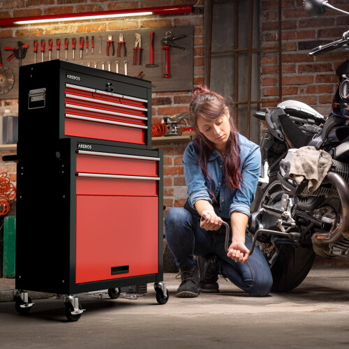 AREBOS AREBOS 9-Drawer Combo Tool Cabinet Garage Tool Chest with Wheels Workshop Tool Storage Lockable Black-Red 1