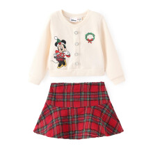 Disney Minnie Mouse Kleinkind Mdchen Weihnachten 2-teiliges Outfit Langarm Strickoberteil mit Perlenknpfen und rot kariertem Tweedrock Set Geburtst