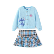 Conjunto de 2 piezas para niρa pequeρa de Disney Stitch, conjunto de top de punto con botones de perlas y falda de tweed a cuadros de manga larga