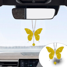 (Lemon yellow) Crystal Butterfly Rear View Mirror Lucky Car Decoration Accessories for Women, Valentine's Day Gifts Ornament Pendant for All Cars