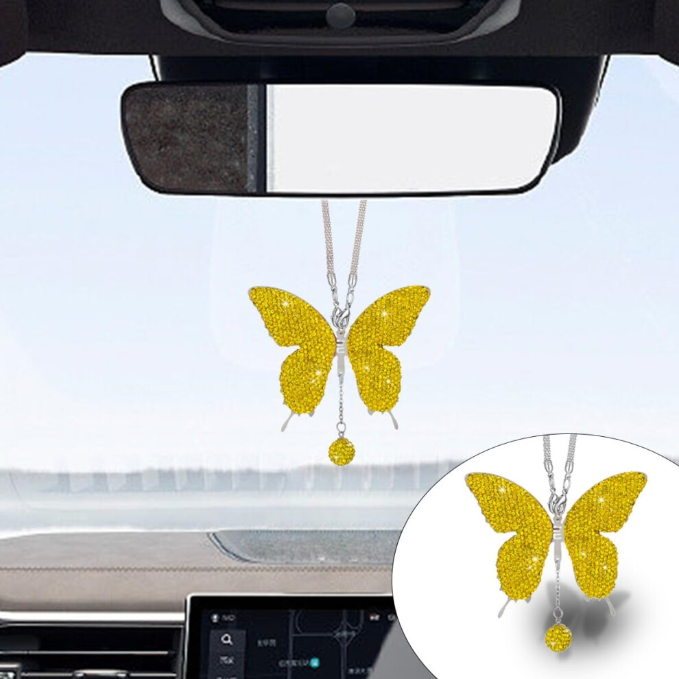 (Lemon yellow) Crystal Butterfly Rear View Mirror Lucky Car Decoration Accessories for Women, Valentine's Day Gifts Ornament Pendant for All Cars-image-OPC-PM8VWGC-NEW