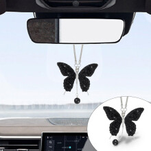 (Black) Crystal Butterfly Rear View Mirror Lucky Car Decoration Accessories for Women, Valentine's Day Gifts Ornament Pendant for All Cars