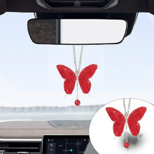 (Red) Crystal Butterfly Rear View Mirror Lucky Car Decoration Accessories for Women, Valentine's Day Gifts Ornament Pendant for All Cars