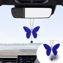 (Dark Blue) Crystal Butterfly Rear View Mirror Lucky Car Decoration Accessories for Women, Valentine's Day Gifts Ornament Pendant for All Cars