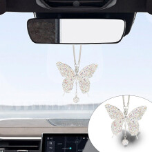 (AB-Color) Crystal Butterfly Rear View Mirror Lucky Car Decoration Accessories for Women, Valentine's Day Gifts Ornament Pendant for All Cars
