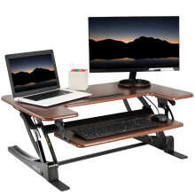 VIVO 36 inch Height Adjustable Stand Up Desk Converter V Series Quick Sit to Stand Tabletop Dual Monitor Riser Workstation Dark Walnut Top Black