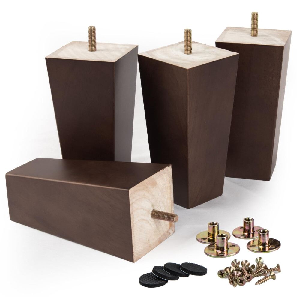 La Vane 4 Inch Wooden Furniture Legs Set Of 4 Solid Wood Square Walnut Mid-Century Modern M8 Replacement Bun Feet With Pre-Drilled 5/16 Inch Bolt &