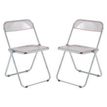 LeisureMod Lawrence Modern Transparent Acrylic Folding Chair with Metal Frame Set of 2 (Rose Pink)
