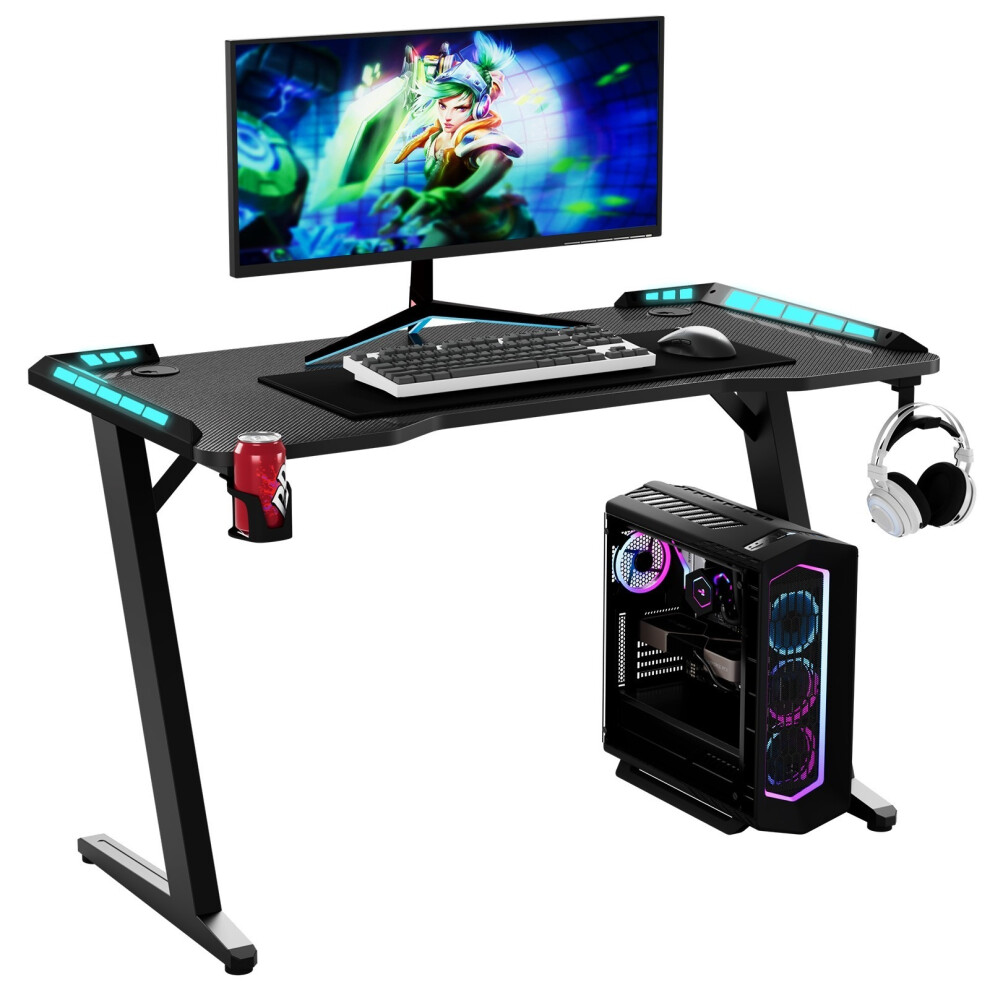 Black Gaming Desk with LED Lights,PC Study  with Cup Holder-image-OPC-PJVNVTF-NEW