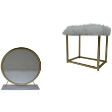 Acme Adao Vanity Spiegel & Kruk in Faux Fur Wit & Chroom Afwerking
