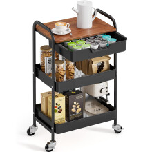TOOLF 3-laags Utility Rollende Kar met Houten Plank en Lade, Zwarte Keuken Organizer