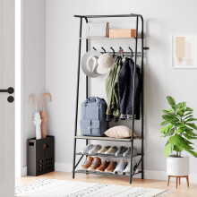 IDEALHOUSE Coat Rack Shoe Bench with 5 Hooks Hall Trees Entryway Bench with Storage Wood Look Accent Furniture with Metal Frame for Entryway Livin