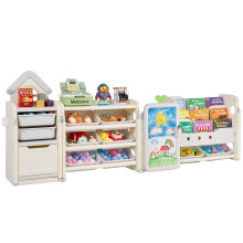 VEVOR Kids Toy Storage with Bookshelf 4-Tier Large Toy Storage Organizer with 10 Plastic Movable Bins Kids Cubby Cabinet with Bookshelf and Drawing