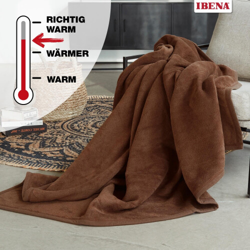 IBENA Plush Solid Color Cotton Blend Throw Blanket Porto - Chocolate 2