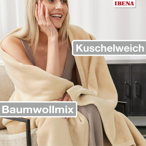 IBENA Plush Solid Color Cotton Blend Throw Blanket Porto - Cream 1