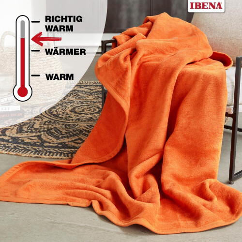 IBENA Plush Solid Color Cotton Blend Throw Blanket Porto - Burnt Orange 2