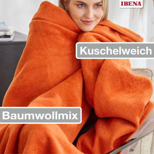 IBENA Plush Solid Color Cotton Blend Throw Blanket Porto - Burnt Orange 1