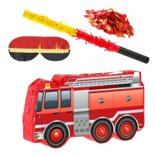 set brandweerauto piñata met blinddoek, knuppel en confetti voor verjaardag
