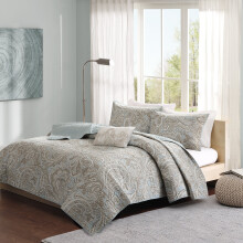 Madison Park Parure de lit 4 pices Pure Ronan 100 % coton - Motif cachemire dcontract toutes saisons - Couvre-lit lger - Taies d'oreiller dc
