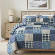 SLPR Blue Symphony Cotton Quilt S?t - Konge med 2 Shams Farmhouse Patchwork Quiltet senget?ppe med ternet og plaid m?nster Let og hyggeligt land