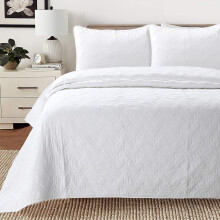 Cozy Line Home Fashions 100% Bomuld Geometrisk Moderne Zig Zag Sting Solid Hvid Quilt Senget?j S?t Coverlet Senget?ppe Letv?gts til hele s?sonen
