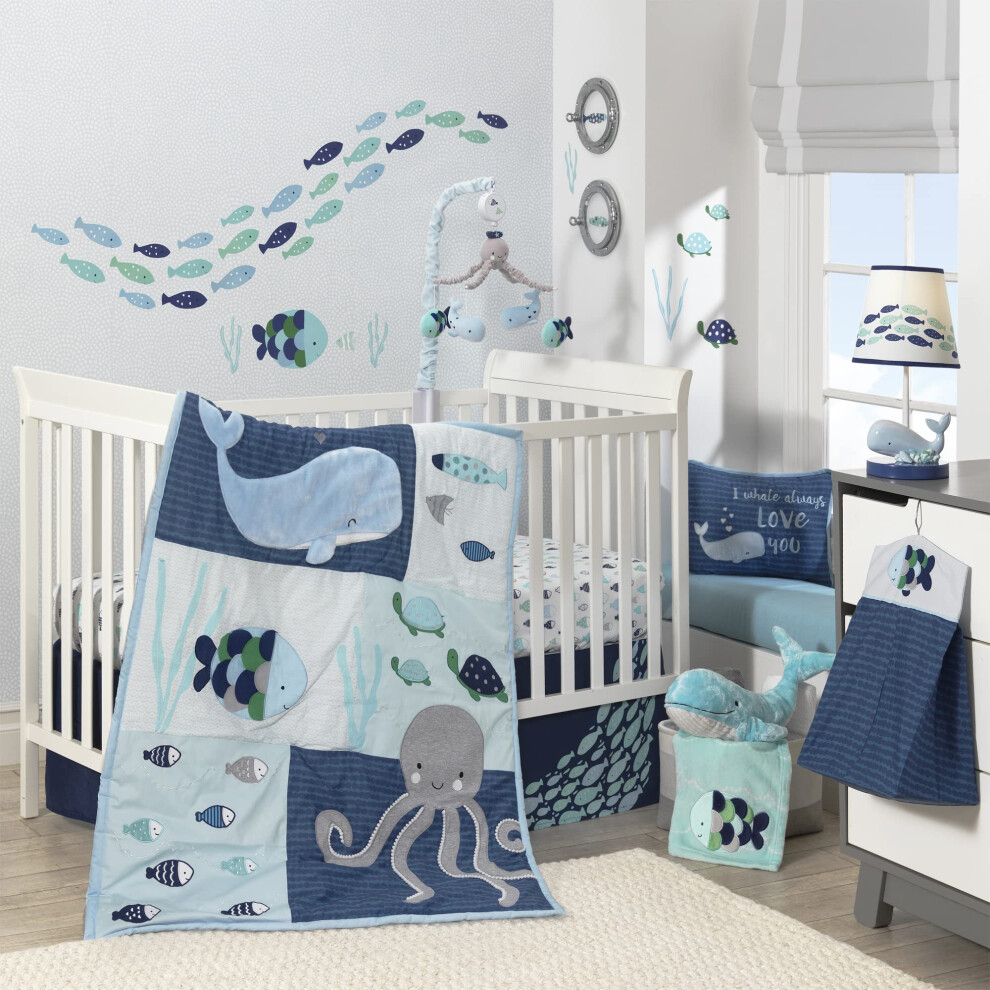 Oceania 6-Piece Baby Crib Bedding Set - Ocean Nautical Aquatic Whale Octopus Theme Blue Lambs & Ivy