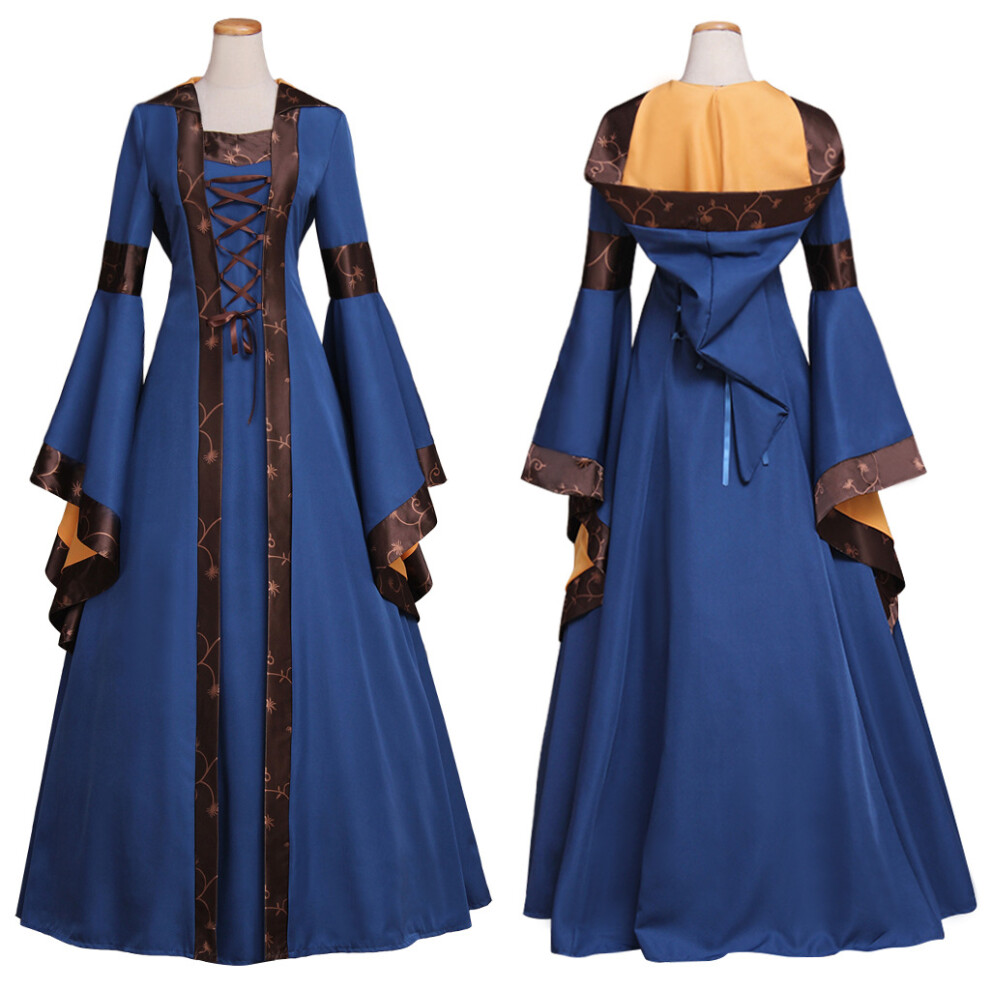 (M) Women's Medieval Renaissance Hooded Dress Square Neck Lace-Up Flare Sleeve Vintage Palace Gown
