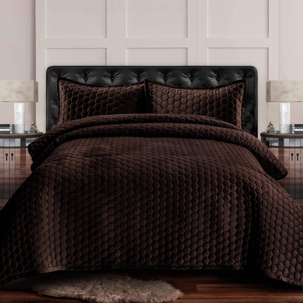 Tribeca Living Velvet Twin Quilt Set - Two-Piece Lugano Honeycomb Stitch Bedding Super Soft 260Gsm Velvet Oversized Quilt And One Sham Pillowcase